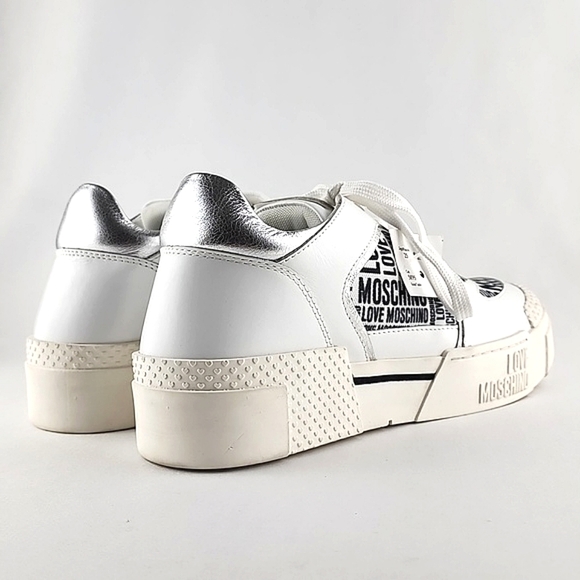 LOVE MOSCHINO Women's White Leather Low Top Trainers Sneakers Logo Fabric Sz 40 - Picture 7 of 16